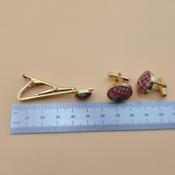 Gold And Red Floral Tie Clip And Cuff Links Set B791 - Picture 6 of 7
